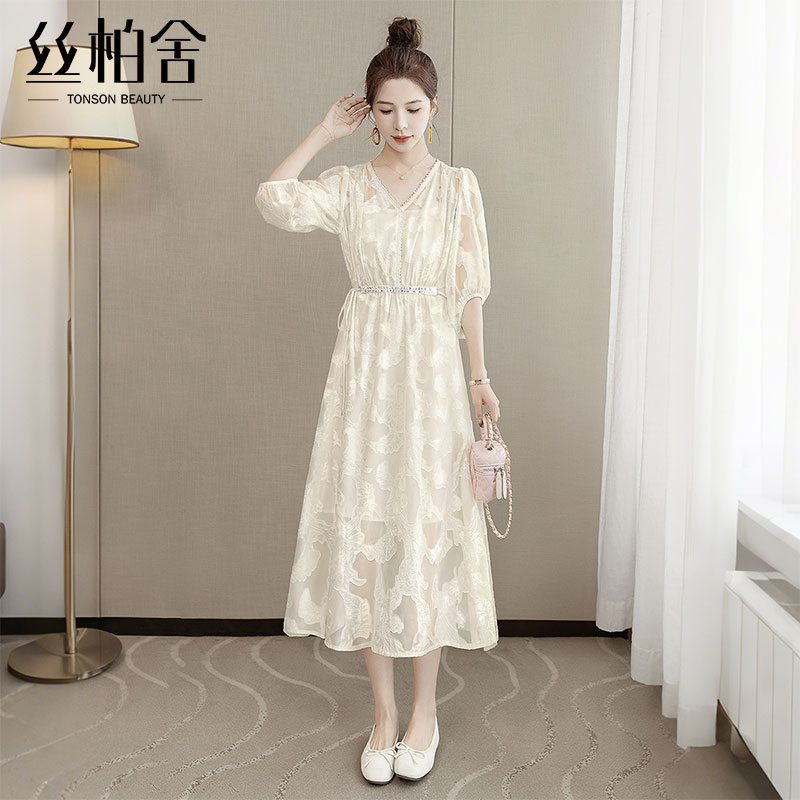 丝柏舍V领连衣裙2025夏装新款女装时尚通勤优雅中长款气质收腰裙