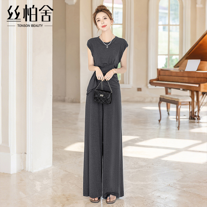 丝柏舍时尚套装2025夏装新款圆领上衣搭休闲裤气质大码女装两件套