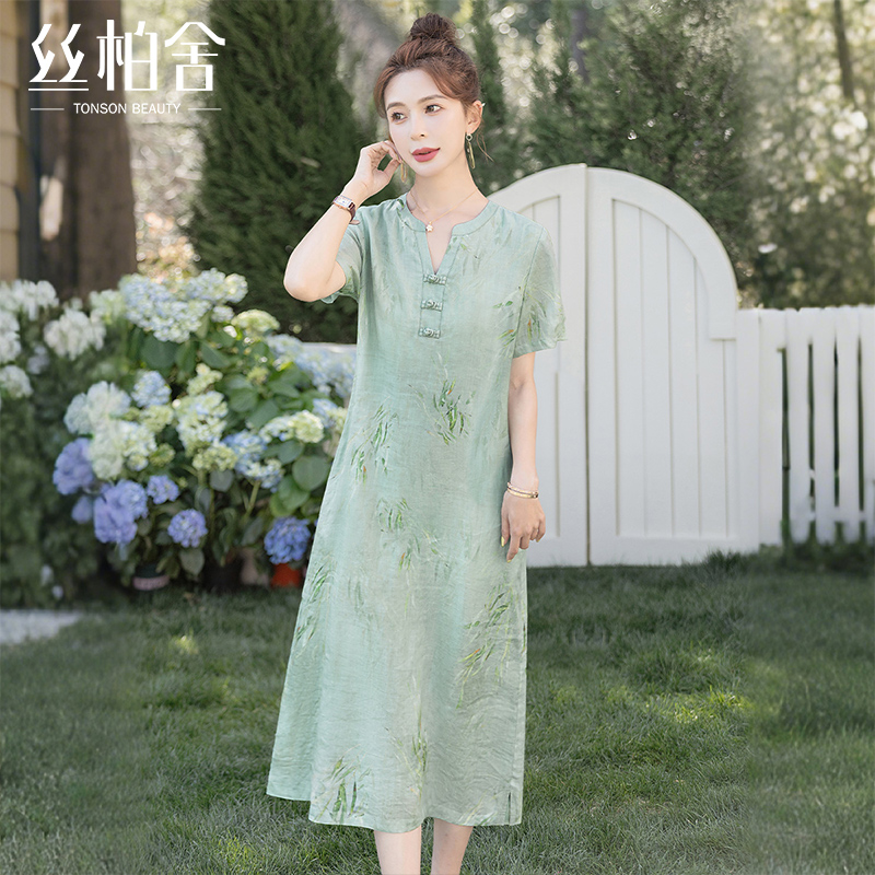 丝柏舍新中式连衣裙2025夏装新款短袖高腰复古印花大码女装中长裙