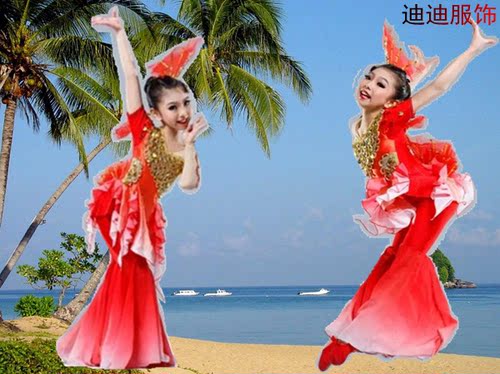六一新款儿童大红鱼表演服鱼儿欢歌舞蹈服装傣族女童红金鱼演出服