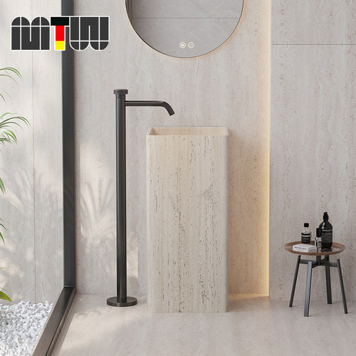 侘寂风米黄洞石立柱盆一体落地式设计师艺术盆民宿高端立式洗手池