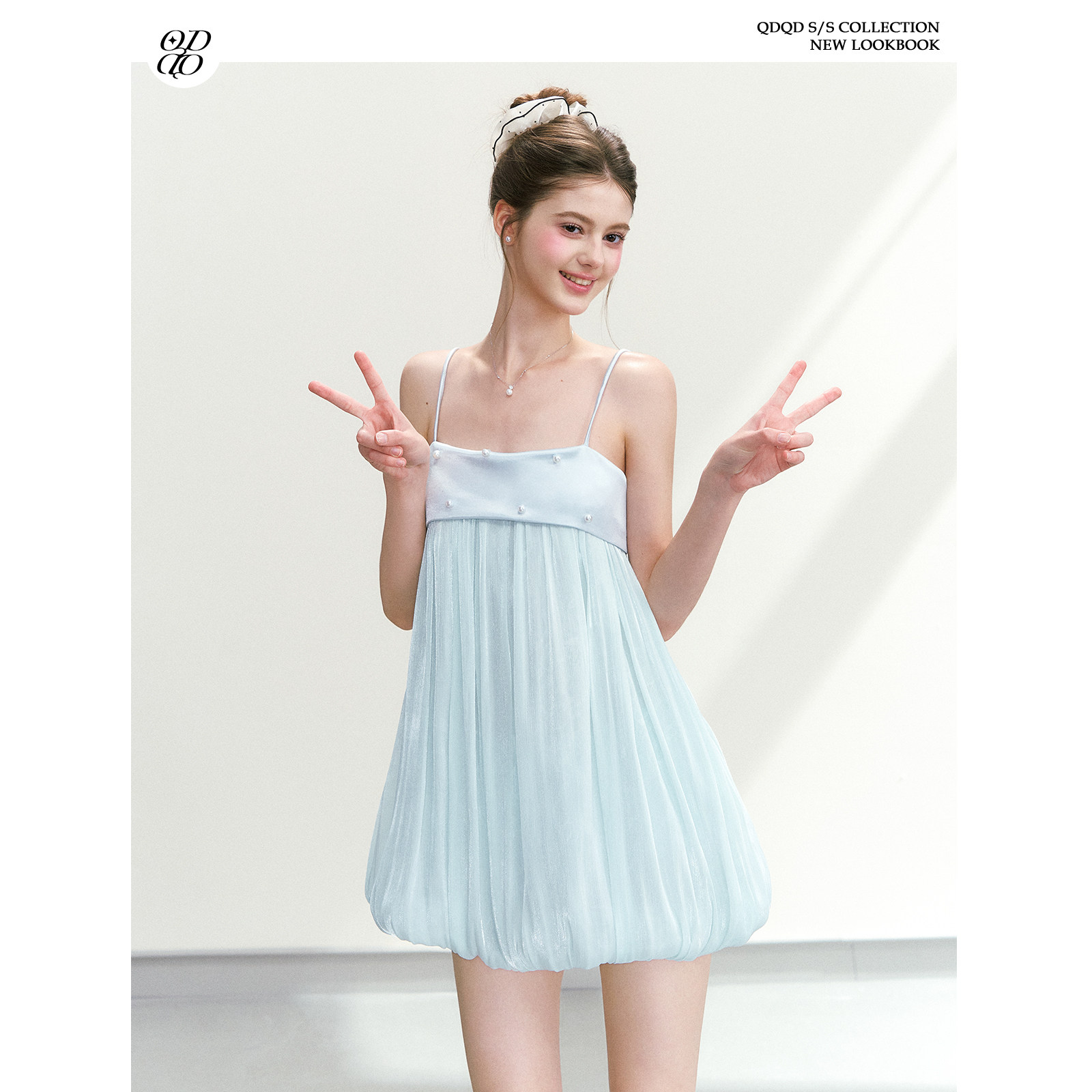 QDQD 甜美少女感蓝色吊带裙夏季宽松垂感度假风气质花苞连衣裙女图片