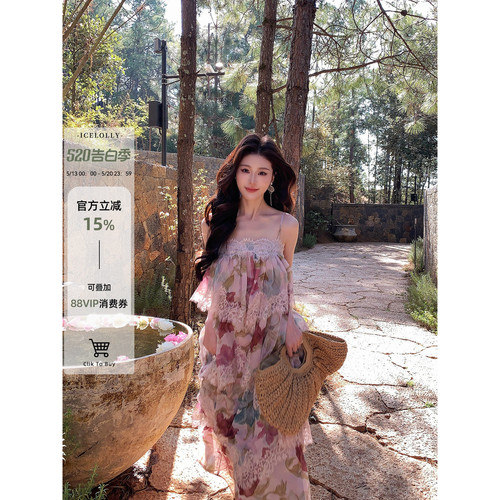 ICELOLLY艺术生明媚穿搭碎花蕾丝吊带连衣裙女初夏绝美蛋糕长裙子