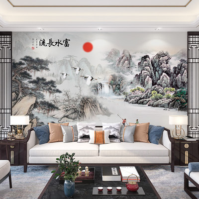 新中式水墨山水电视背景墙壁纸客厅沙发墙纸墙布富水长流壁画定制