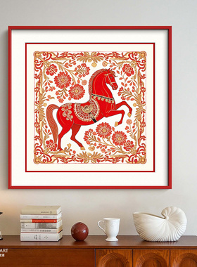 卡农原创设计法式中古红色相框玄关装饰画客厅餐厅挂画马到成功
