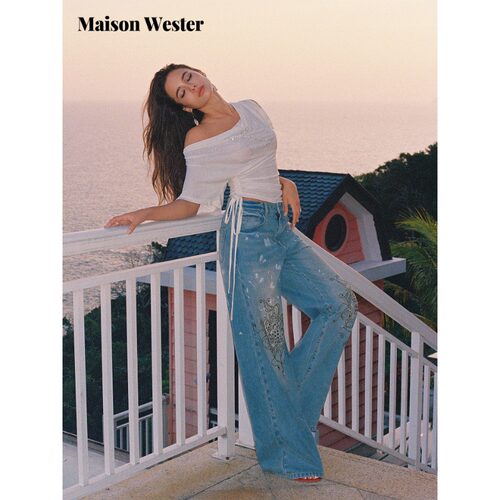 Maison Wester2026夏新品浅蓝泼墨烫金花纹高腰阔腿牛仔裤