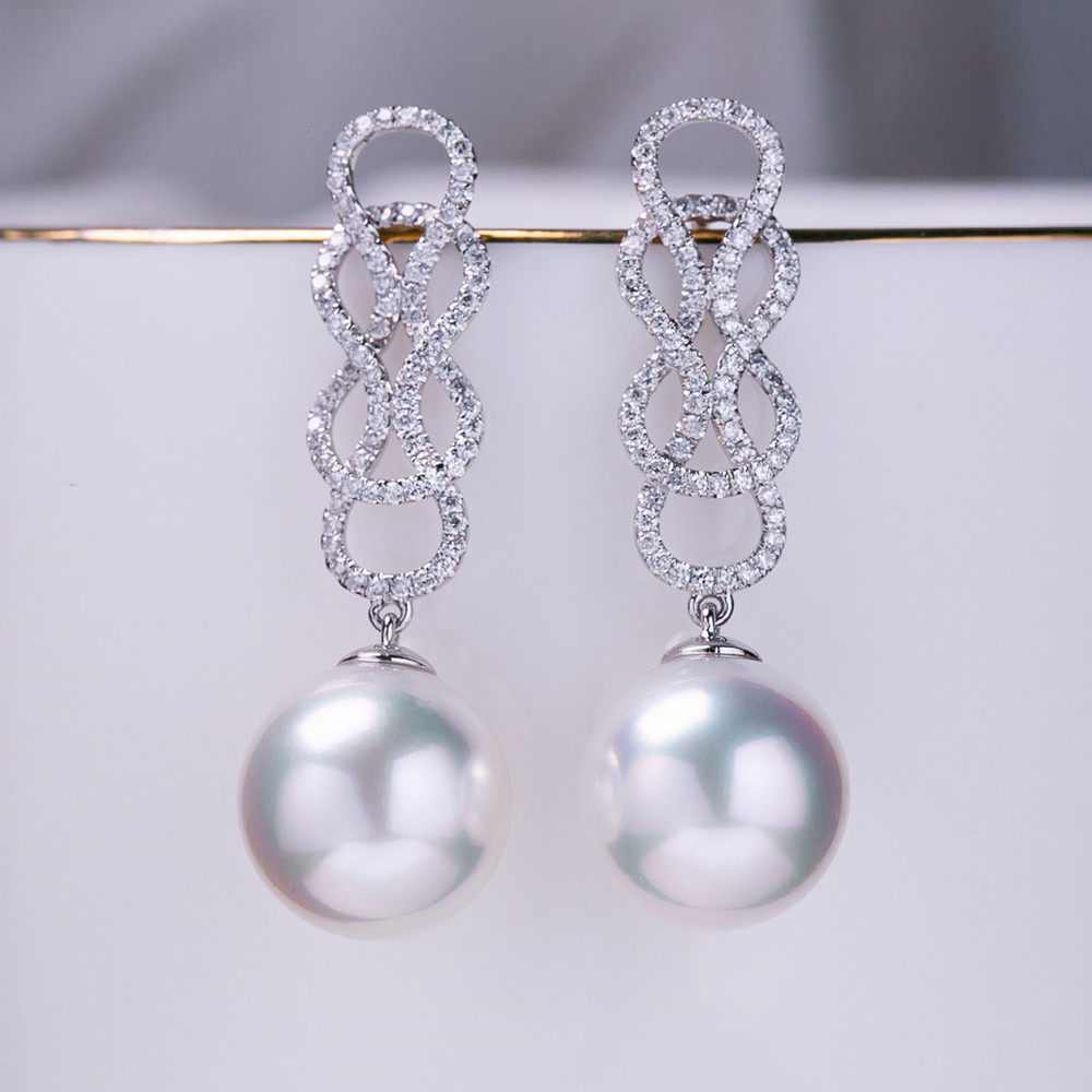 正品海水澳白南洋珍珠耳钉耳坠18K白金镶嵌钻石热巴同款高级时尚