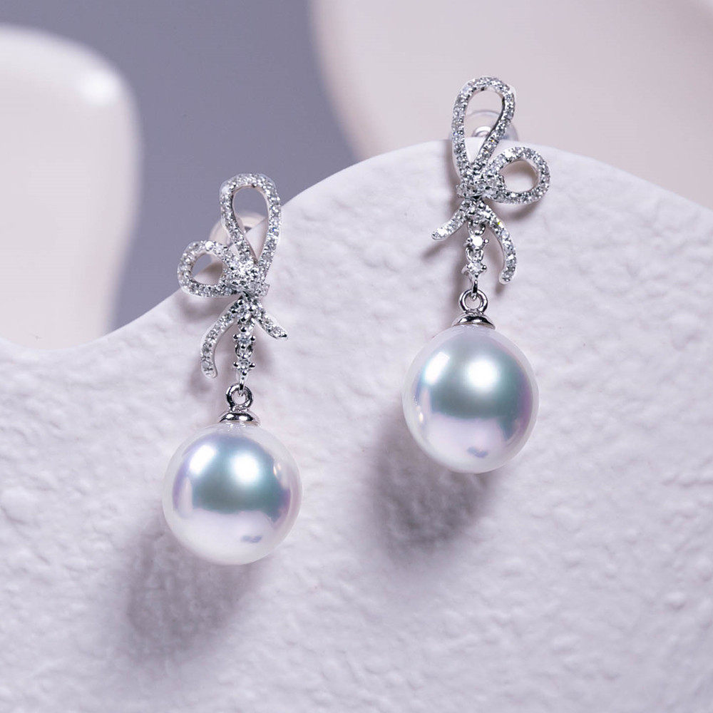 天然正品南洋海水珍珠耳钉耳饰耳坠澳白珍珠耳环18k金镶钻石白色