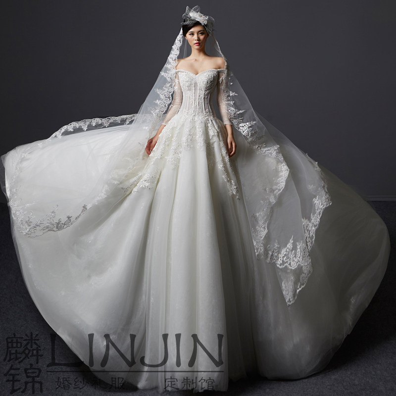麟锦卿梦婚纱2019新款宫廷新娘蕾丝一字肩显瘦遮手臂长袖长拖尾