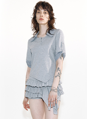 MovingMovingMoving 灰色百搭撞色针织拼接高智风不规则polo上衣