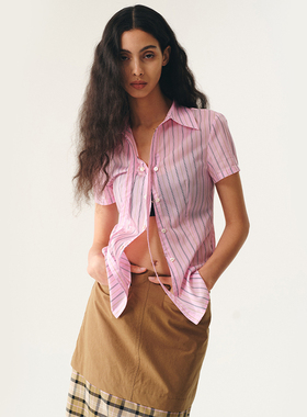 MovingMovingMoving 多种穿法 粉色条纹短袖衬衫女小众设计感衬衣