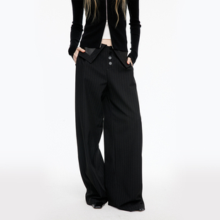 MovingMovingMoving 黑色暗纹翻腰阔腿西裤女春装