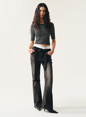 MovingMovingMoving 黑色水洗做旧显瘦牛仔裤女春秋设计感长裤