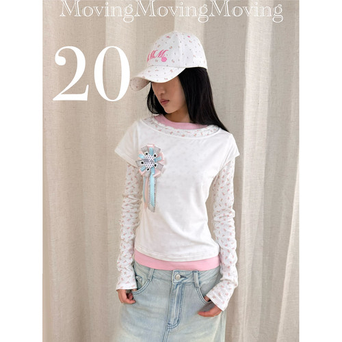 MovingMovingMoving 假三件撞色碎花打底T恤 不含胸花