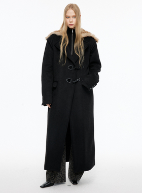 MovingMovingMoving 撞色毛领羊毛长款牛角扣大衣