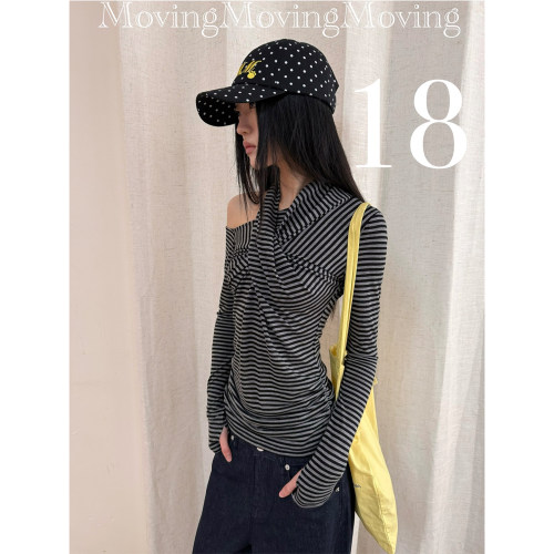 MovingMovingMoving 多穿法挂脖斜肩条纹打底T恤