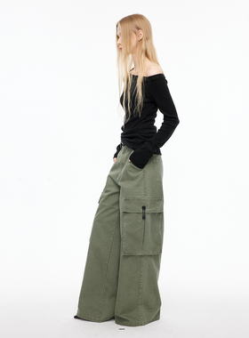 MovingMovingMoving 军绿色档案袋口袋工装裤女秋冬