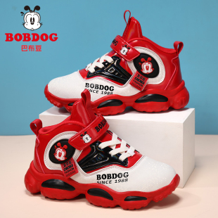 巴布豆男童篮球鞋秋冬款皮面防水儿童运动鞋小学生轻便软底跑步鞋