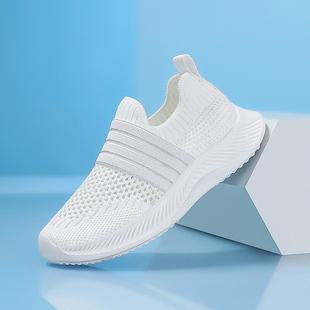 ABCkings童鞋儿童白色镂空网鞋中大童男女童飞织单网面百搭一脚蹬