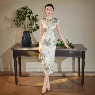 高端桑蚕丝真丝中长款水墨画旗袍短袖复古年轻款2026新款夏小个子