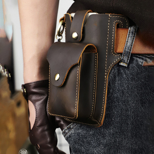 真皮手机腰包男款双层复古小包穿皮带挂包头层牛皮户外收纳包烟包