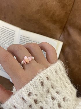 马卡龙粉色彩色珠串弹力戒指少女心气质可爱ins网红小众食指戒