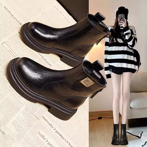 厚底短靴女秋冬加绒软皮马丁靴