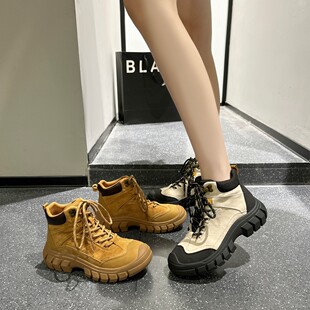 真皮厚底内增高马丁靴女2026春季户外徒步登山鞋工装靴英伦风短靴