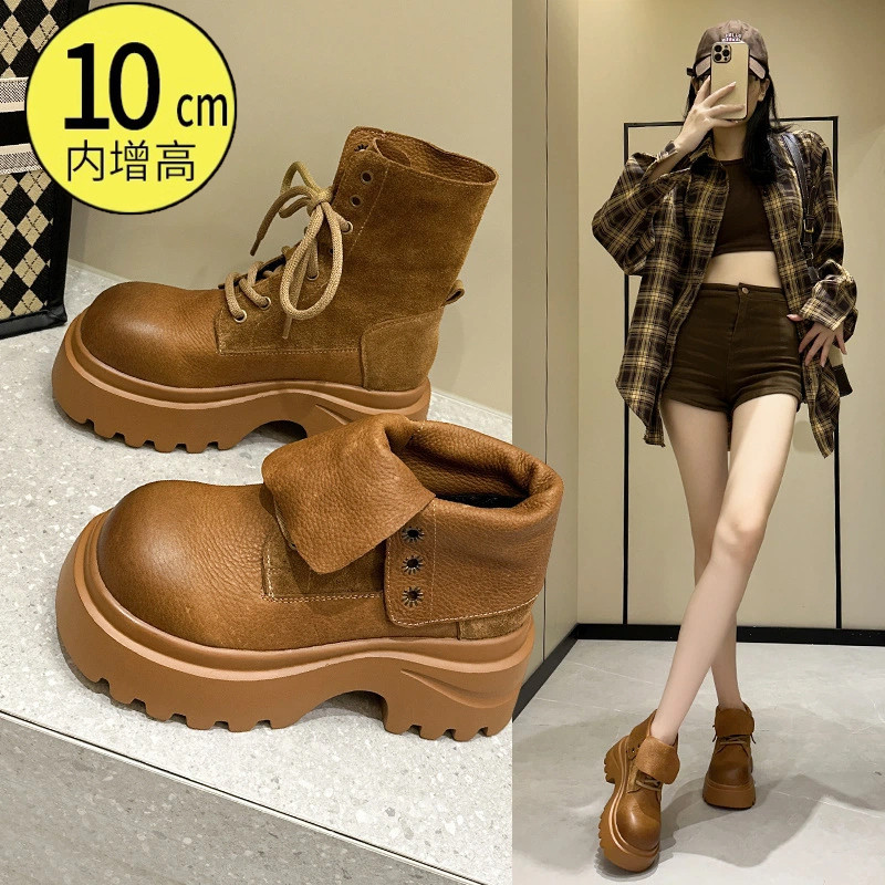 10cm内增高牛皮复古马丁靴女2026春季新款英伦风小个子两穿短靴潮
