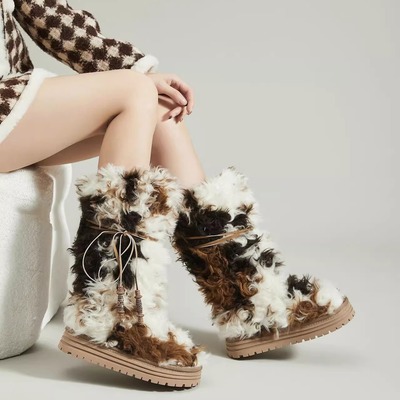 卷毛雪地靴女款中长筒厚底