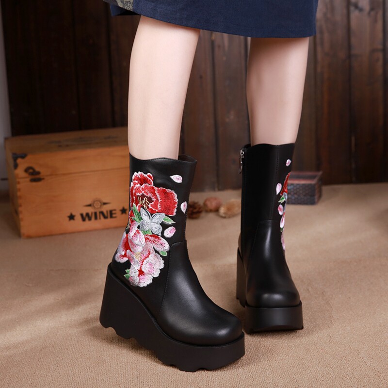 AUTUMN AND WINTER NEW WOMENS BOOTS ETHNIC STYLE FULL LEATHER WOMENS MEDIUM BOOTS WEDGE HEEL PLATFORM HEELS HIGH HEELS SINGLE BOOTS AND FLEECE COTTON BOOTS