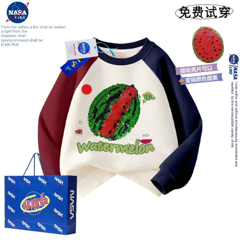 NASA联名西瓜亮片儿童衣服男童拼色纯棉印花卡通长袖T恤秋冬上衣