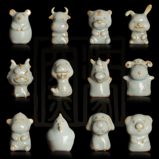 精品汝窑九寸土十二生肖茶宠牛龙兔虎鼠蛇小摆件茶道配件陶瓷茶具