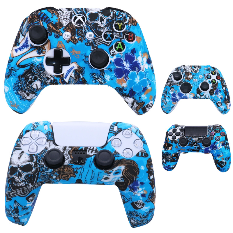 PS4|PS5|XBOX ONE 게임 컨트롤러 보호 커버 파란색 패턴 실리콘 미끄럼 방지 및 낙하 방지 로커 캡 포함