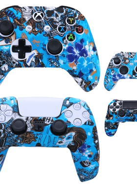 PS4/PS5/Xbox One游戏手柄保护套 蓝色花纹 硅胶防滑防摔送摇杆帽
