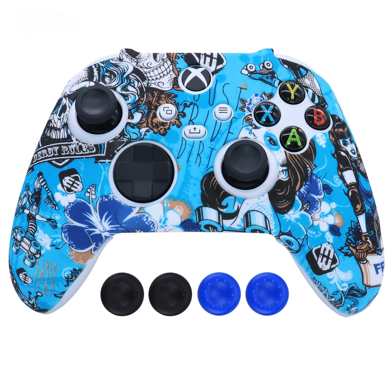 PS4|PS5|XBOX ONE 게임 컨트롤러 보호 커버 파란색 패턴 실리콘 미끄럼 방지 및 낙하 방지 로커 캡 포함