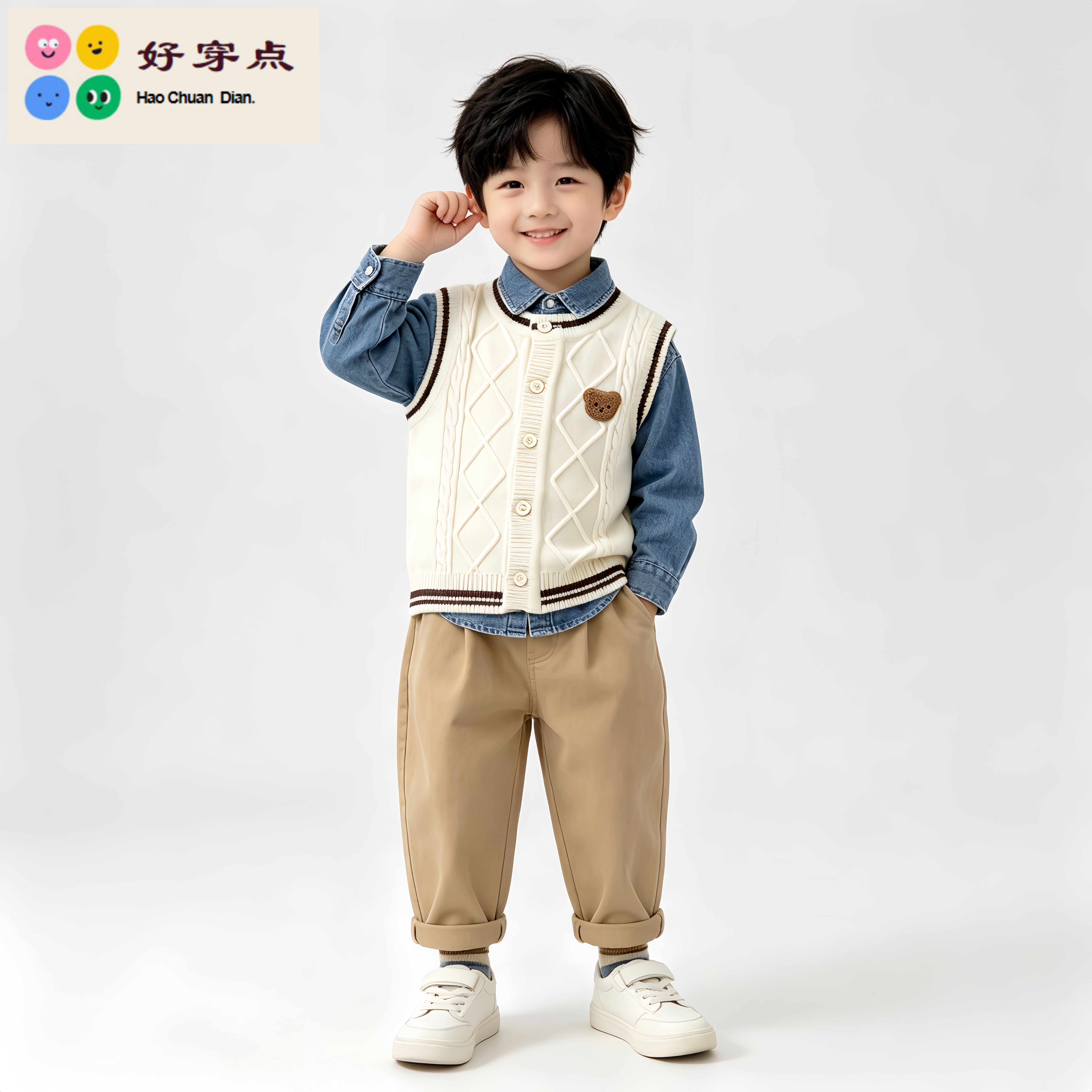 2026新款儿童针织马甲男童洋气复古麻花纹韩系圆领折针织背心百搭