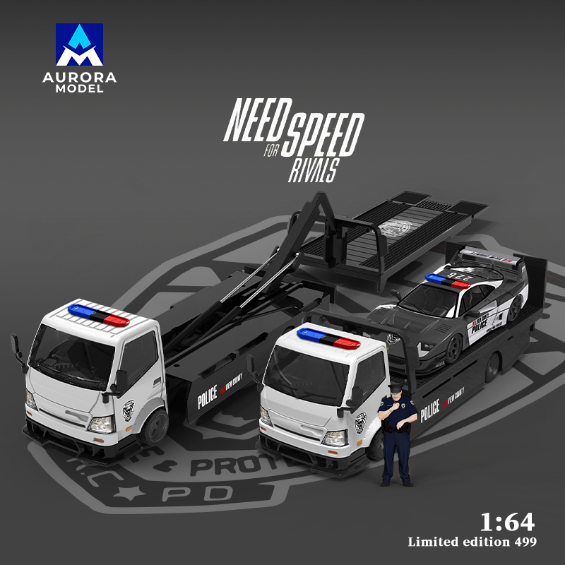 AM1:64 H300平板运输拖车&F40 警车版 仿真合金汽车模型 收藏摆件