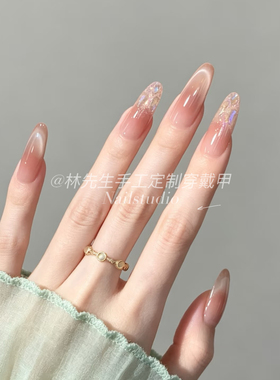 春夏裸色腮红闪钻纯手工成品指甲