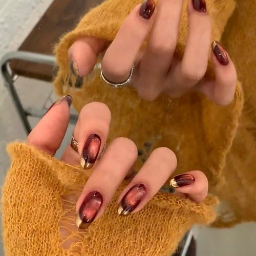 【红昭愿】林先生穿戴甲秋冬红棕猫眼法式镜面短款成品手工假指甲