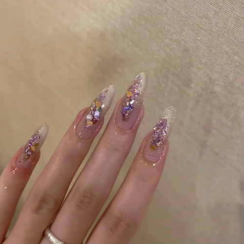 秋冬紫色亮片爆闪手工成品假指甲