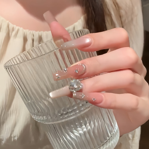 春夏奶茶猫眼镜面法式堆钻美甲