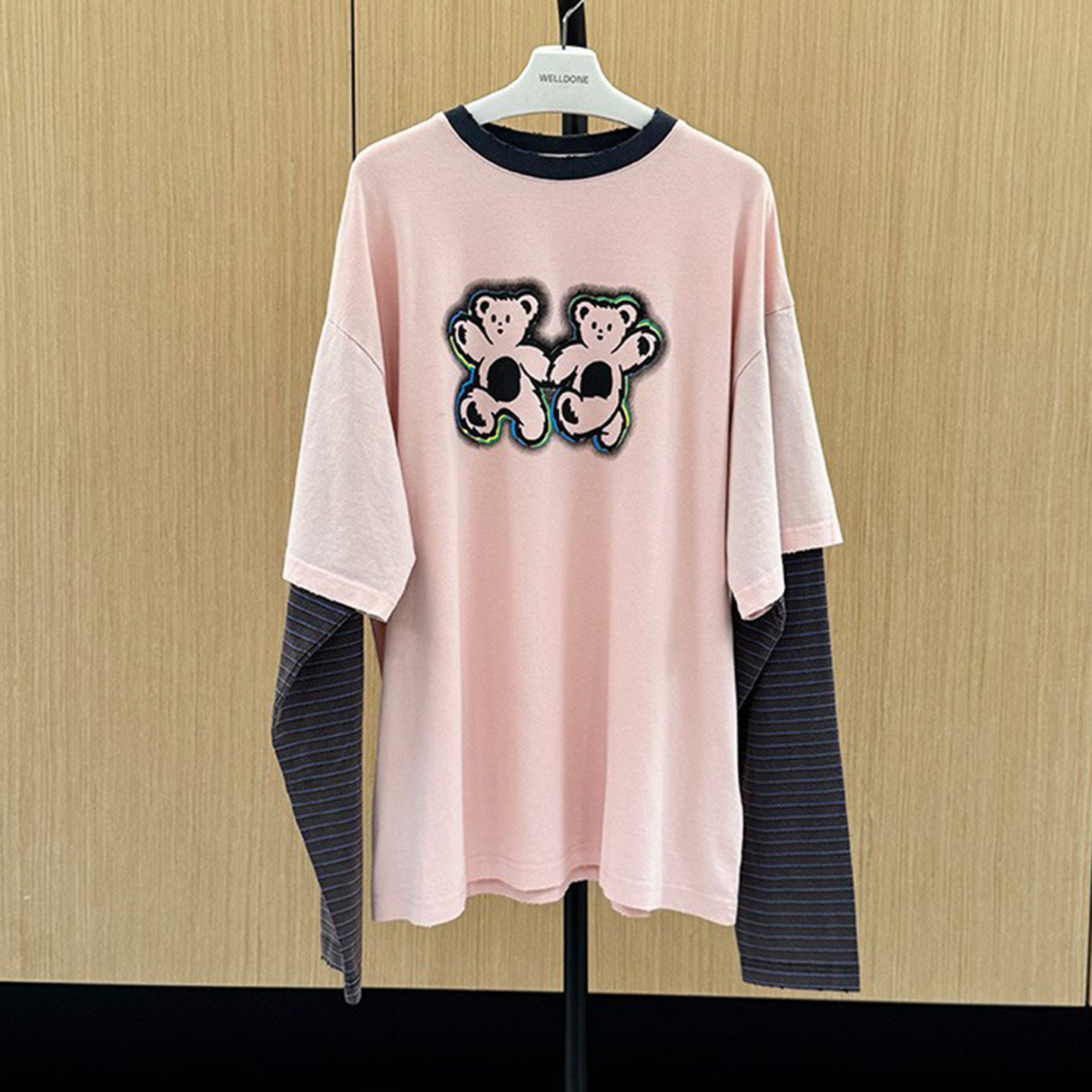 we11正反前后拉链小熊卡通假两件撞色条纹长袖宽松减龄T恤男女潮