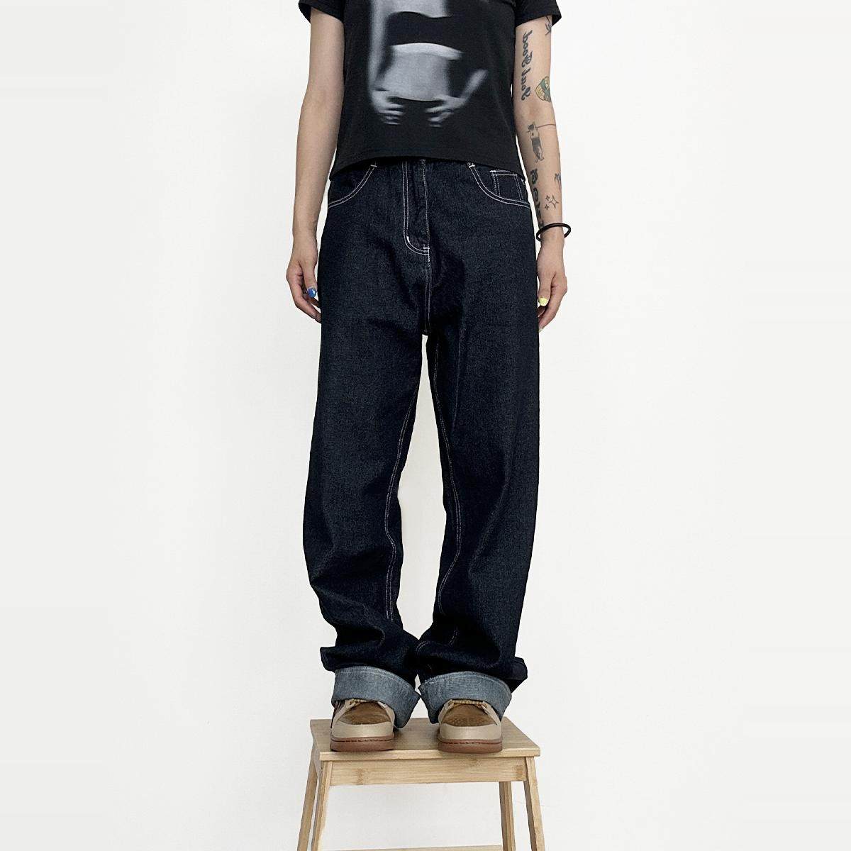 美式复古明线反车翻面折叠裤脚加长直筒休闲宽松牛仔裤百搭