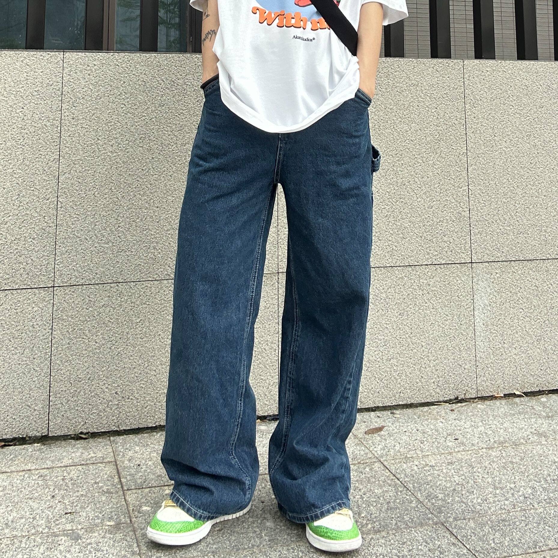 akama studios直筒阔腿中高腰百搭显瘦复古水洗做旧深蓝牛仔裤潮