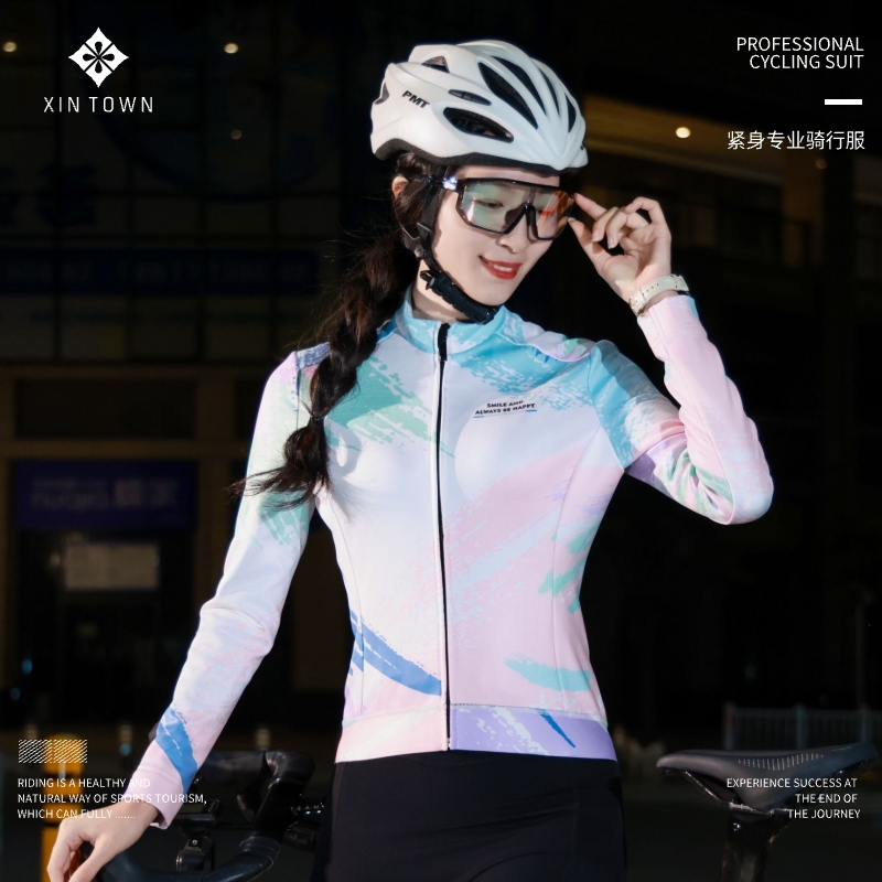 XINTOWN彩语冬季新款加绒加厚软毛绒加绒骑行服秋冬款公路车女