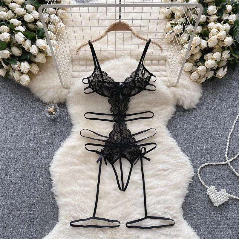 Black Lace Womens See-through Sexy Lace Up Bow Spliced Stra