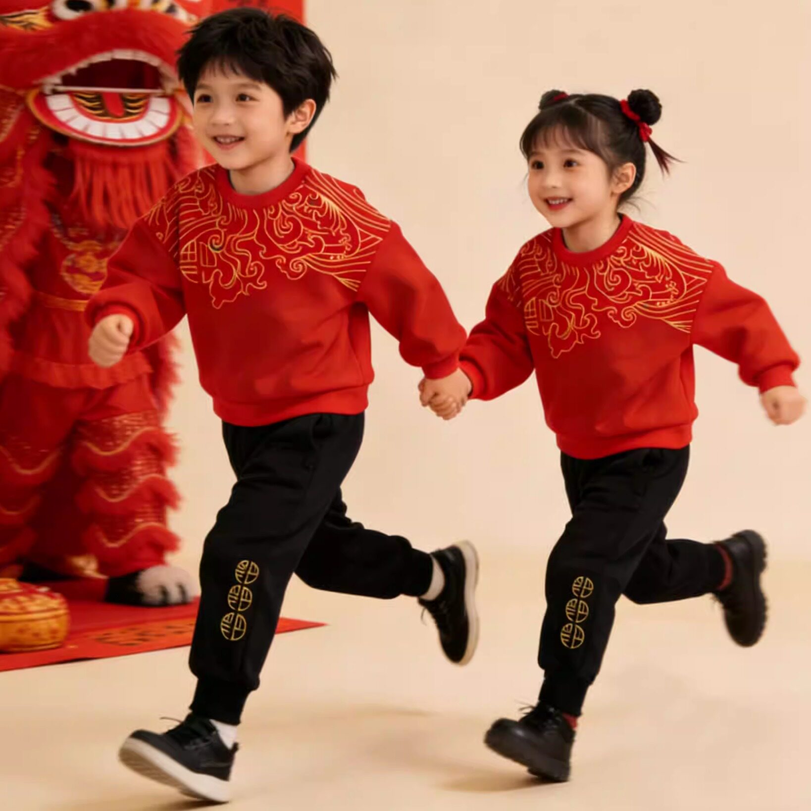 宝宝拜年服男女童中国风红色喜庆演出衣服儿童加绒卫衣套装过年服