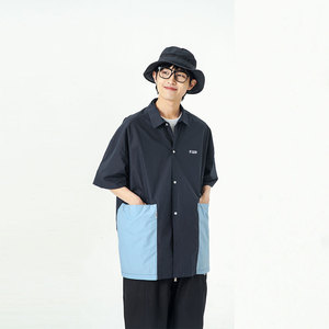 南夏乔装2025夏季男士新款拼色印花绣标翻领衬衫日系休闲宽松衬衣图片