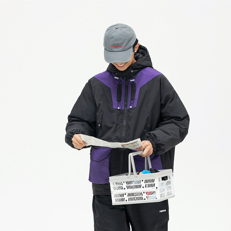南夏乔装日潮多口袋工装棉衣男外套冬款加厚撞色拼接休闲连帽棉服图片